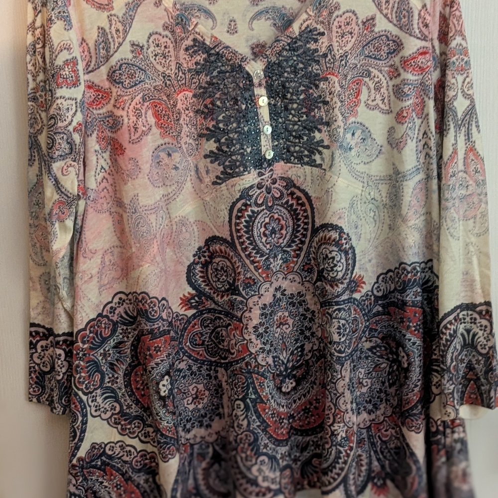 ONE WORLD Pink and Green Graphic Blouse with Mandarin Collar